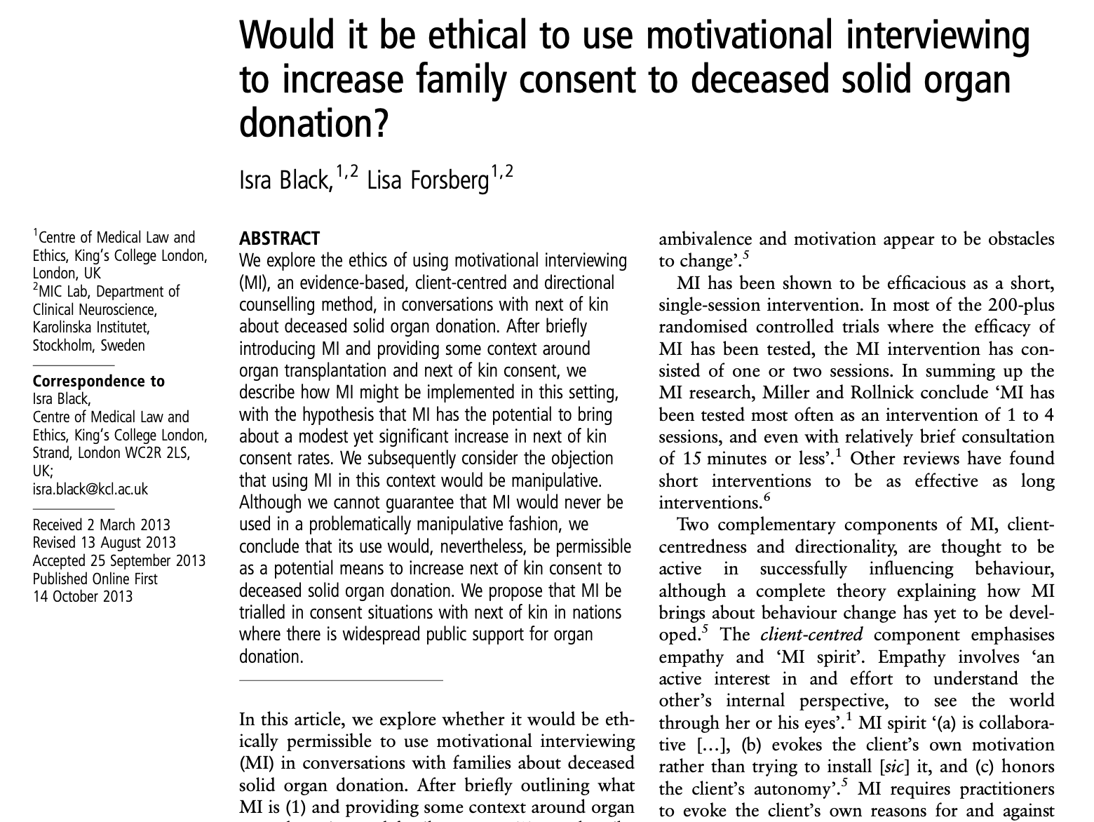would it be ethical to use motivational interviewing to increase family consent to deceased solid organ donation?
