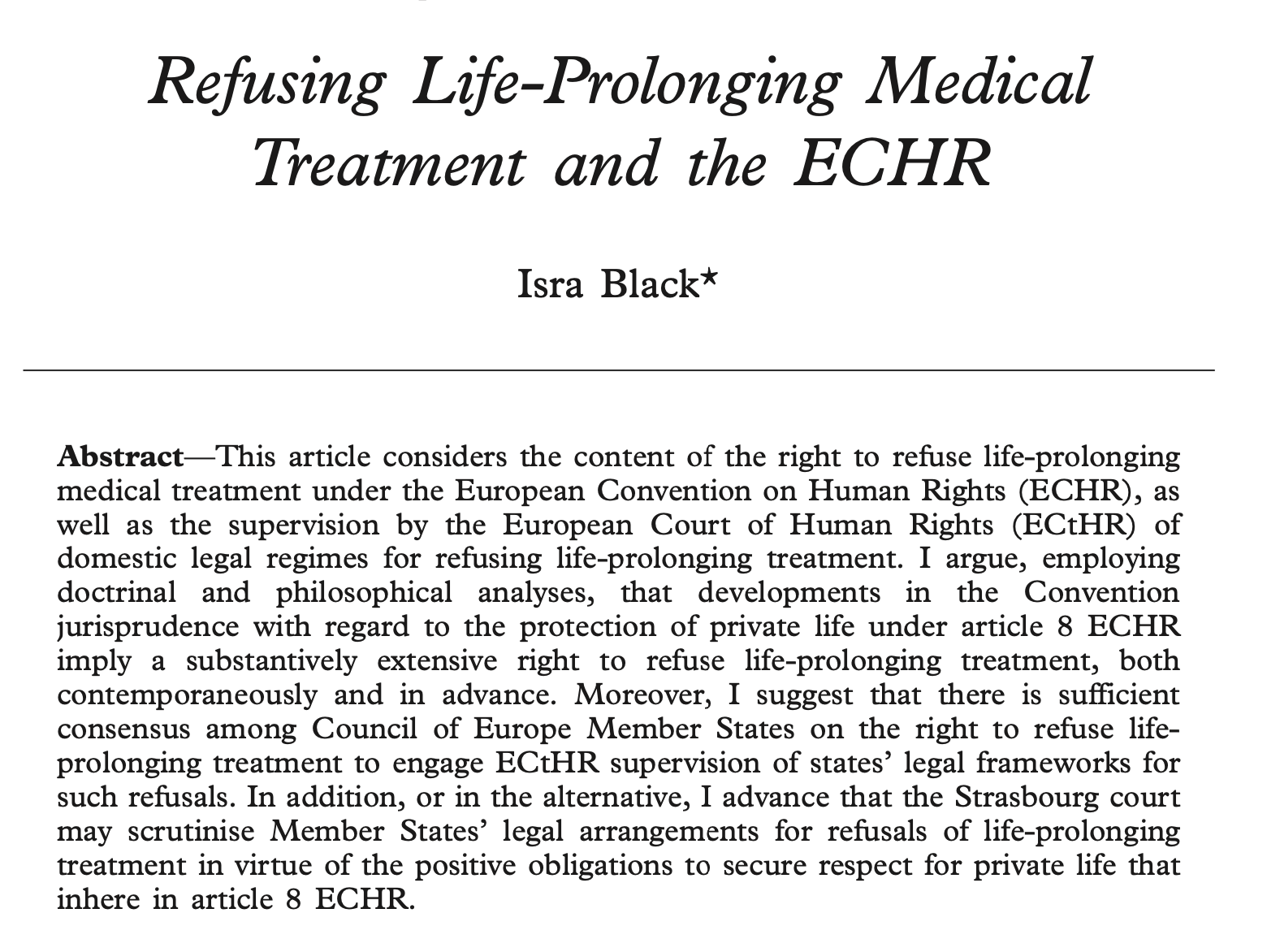 refusing life prolonging medical treatment and the ECHR