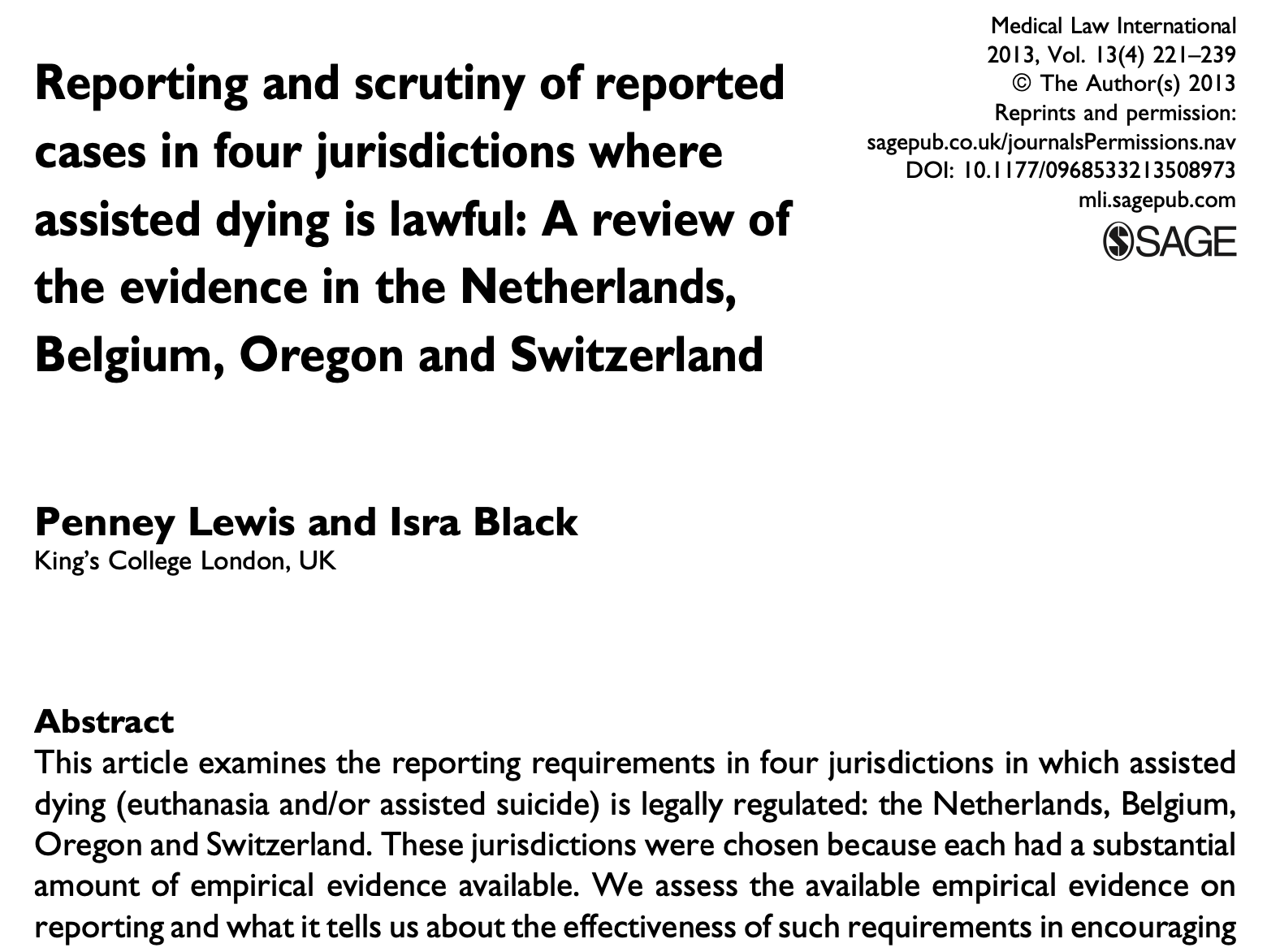 reporting and scrutiny of reported cases in four jurisdictions where assisted dying is lawful